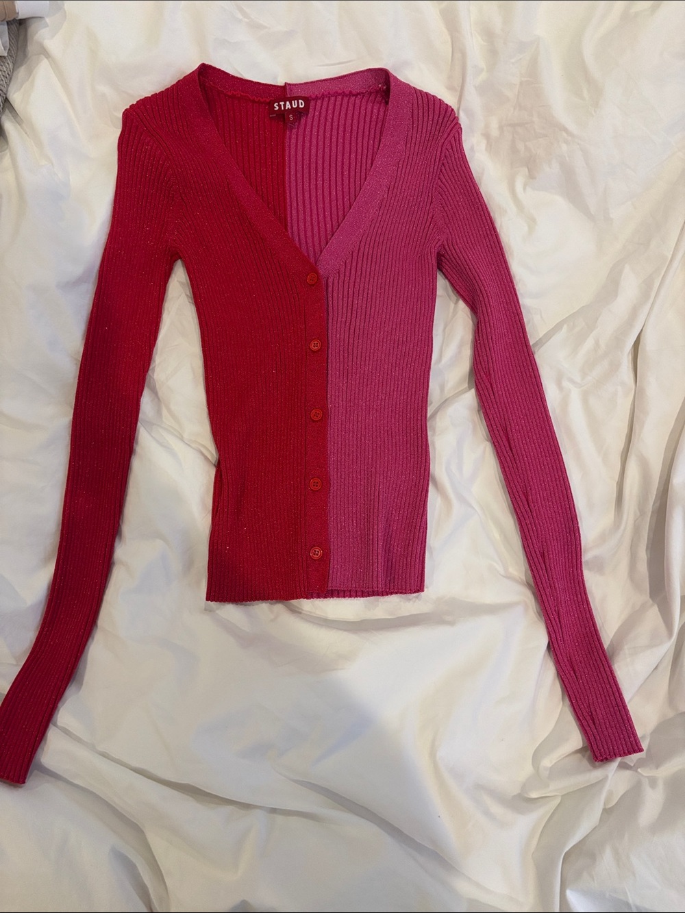 STAUD Two-Tone Ribbed V-Neck Cardigan in Red & Pink